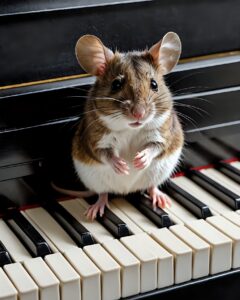 Eine Maus sitze auf der Klaviertastatur